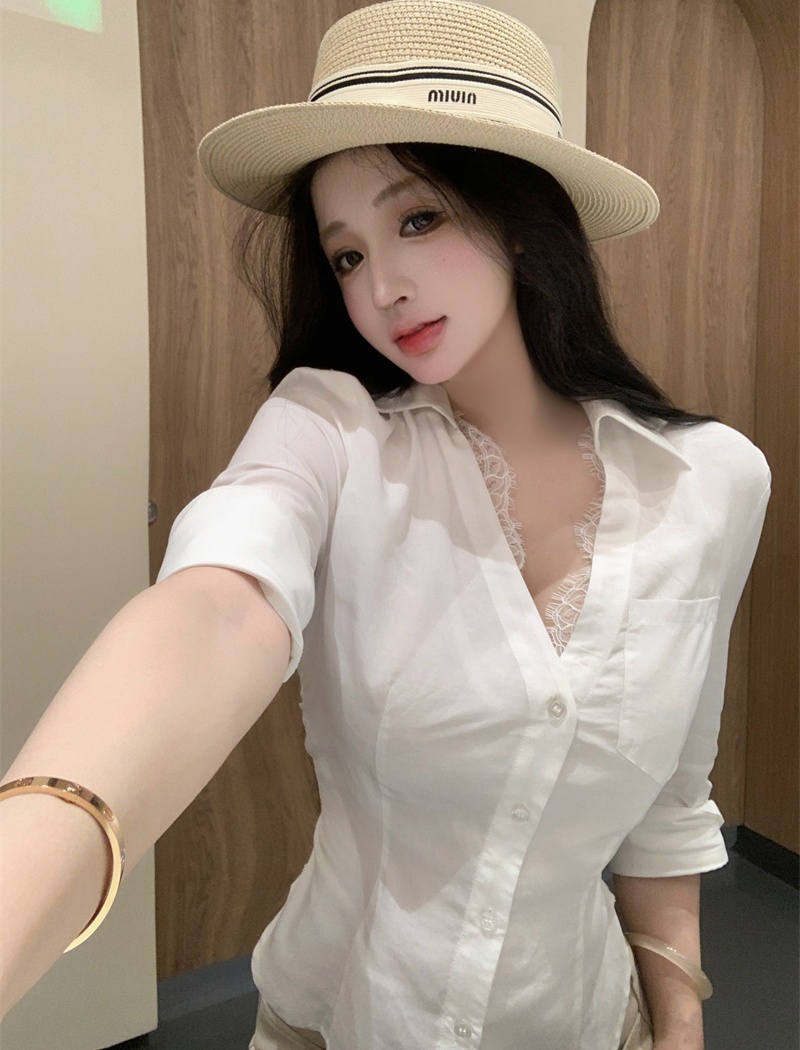 Pseudo-two pinched waist tops short sleeve shirt
