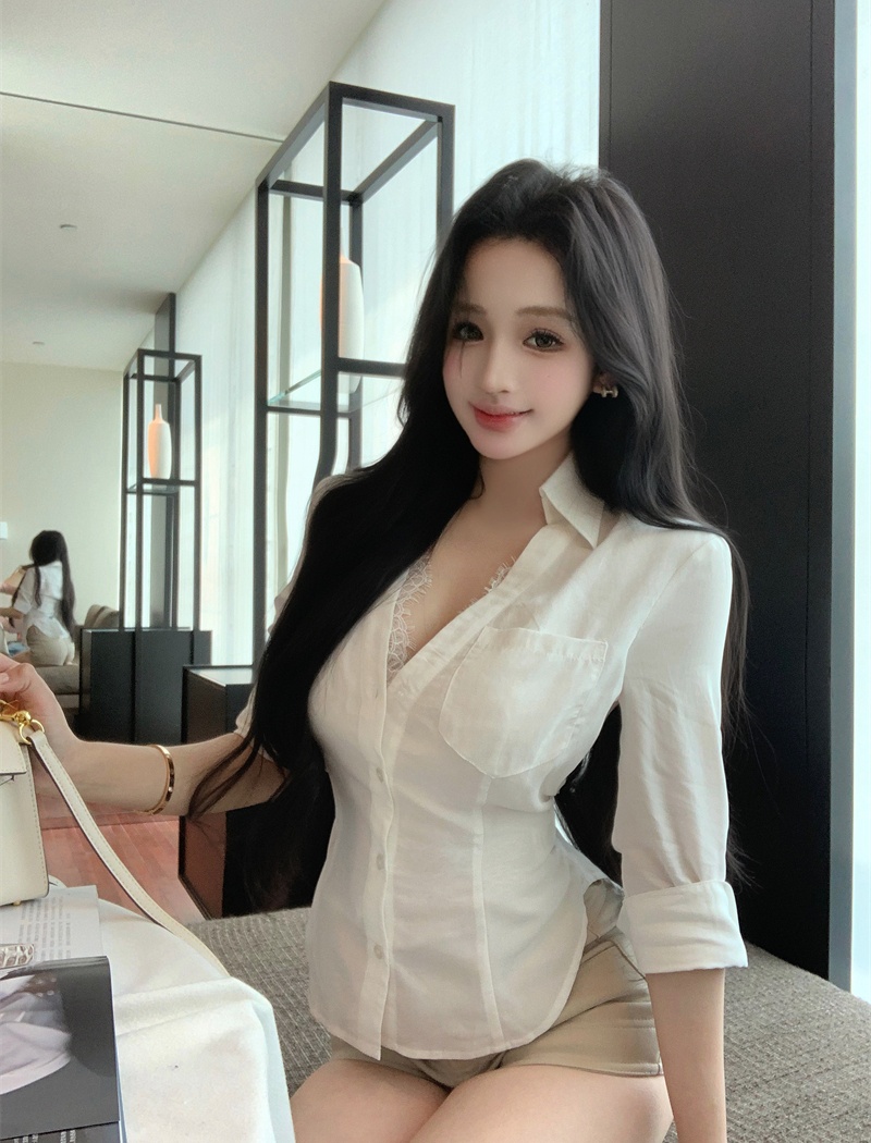 Pseudo-two pinched waist tops short sleeve shirt