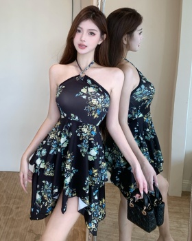 Sexy printing repair waist fashion halter dress for women