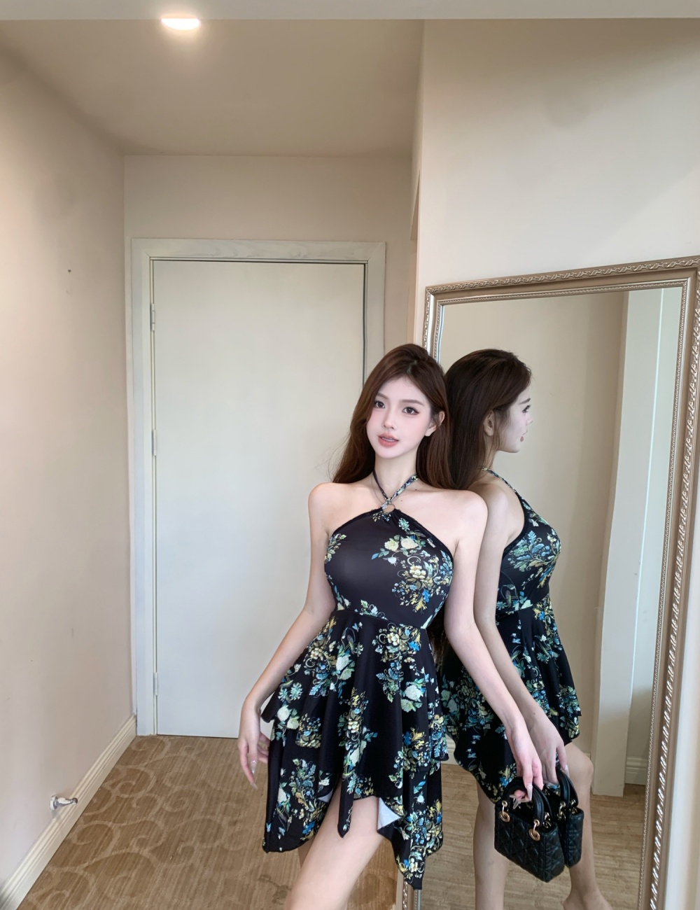 Sexy printing repair waist fashion halter dress for women