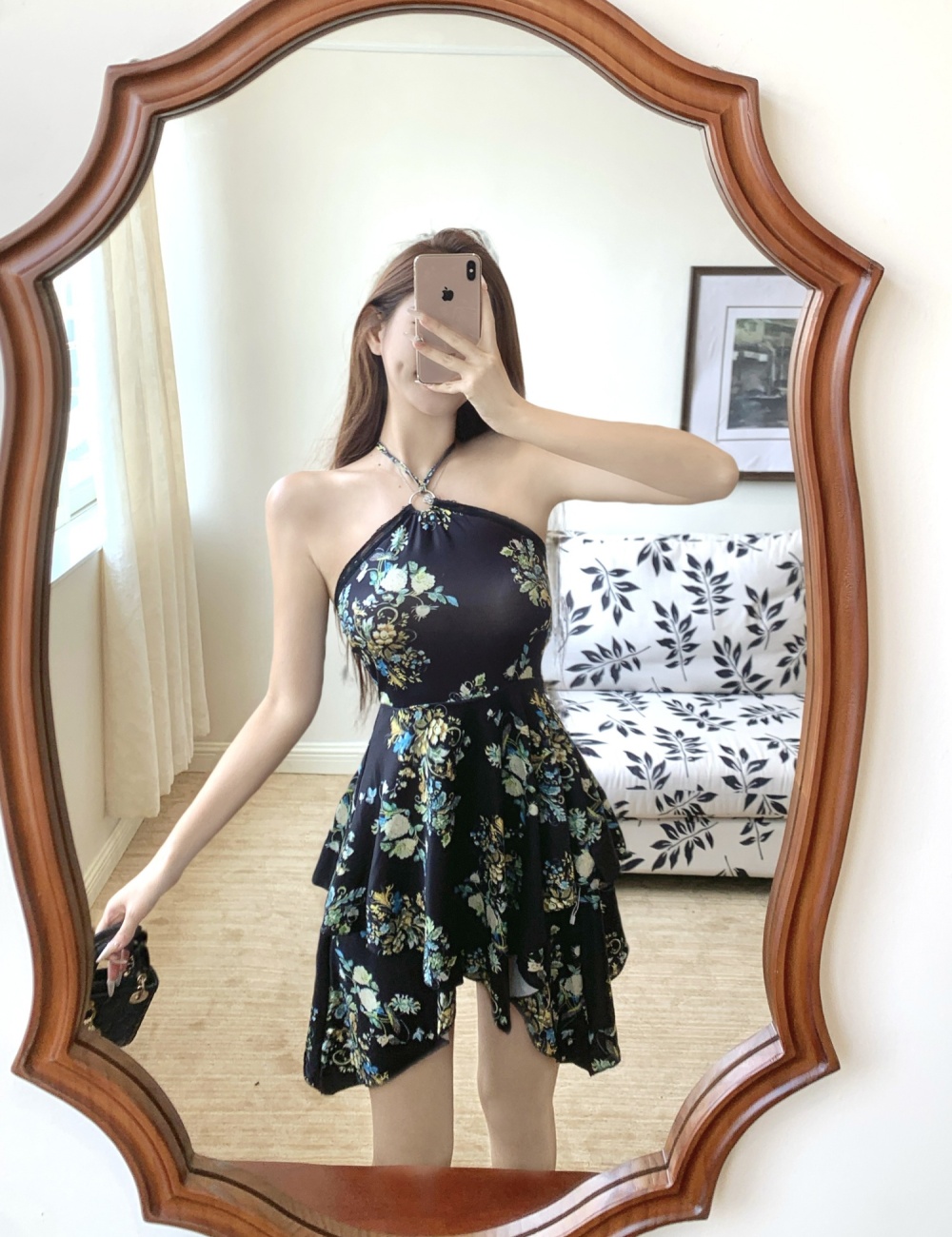 Sexy printing repair waist fashion halter dress for women