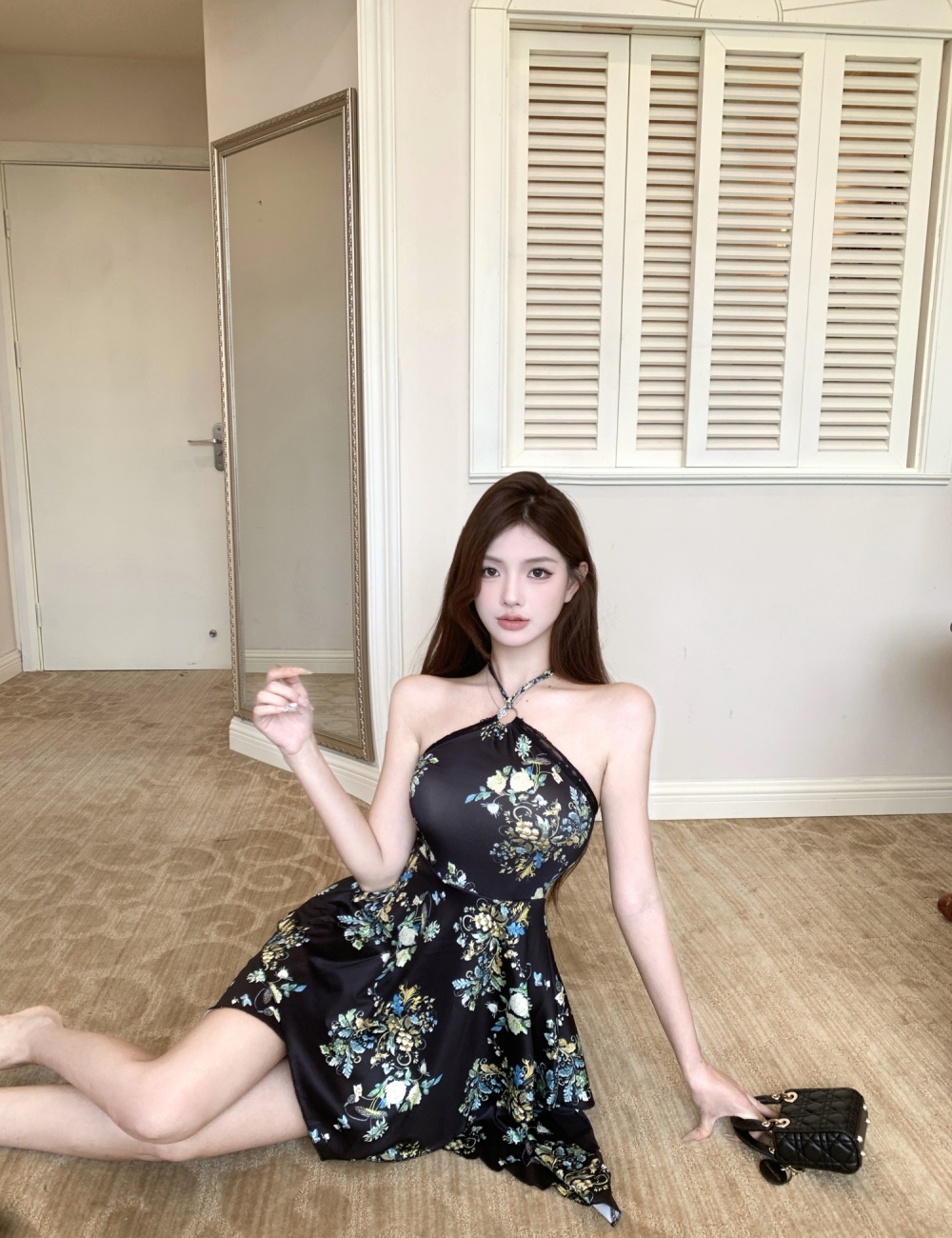 Sexy printing repair waist fashion halter dress for women