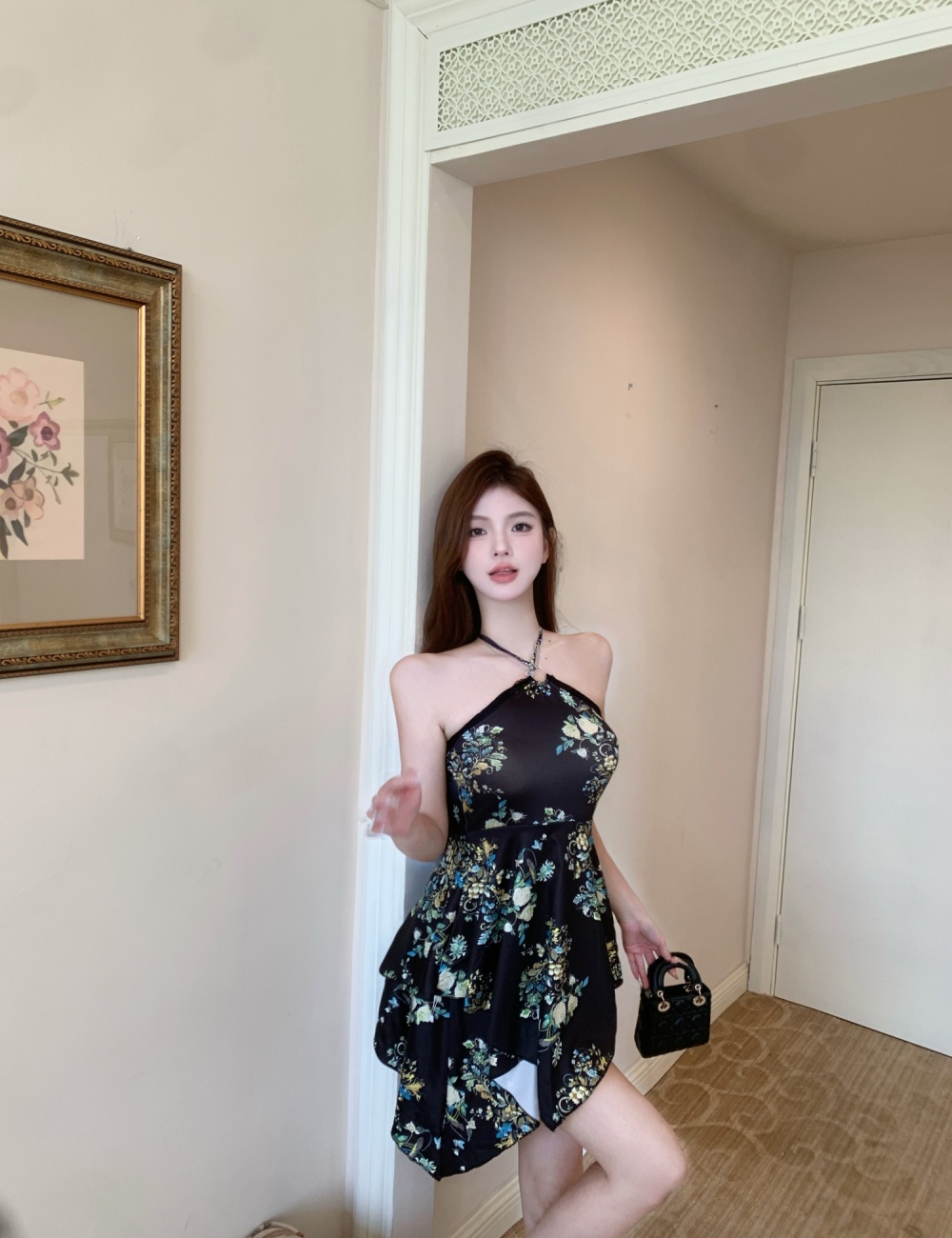 Sexy printing repair waist fashion halter dress for women