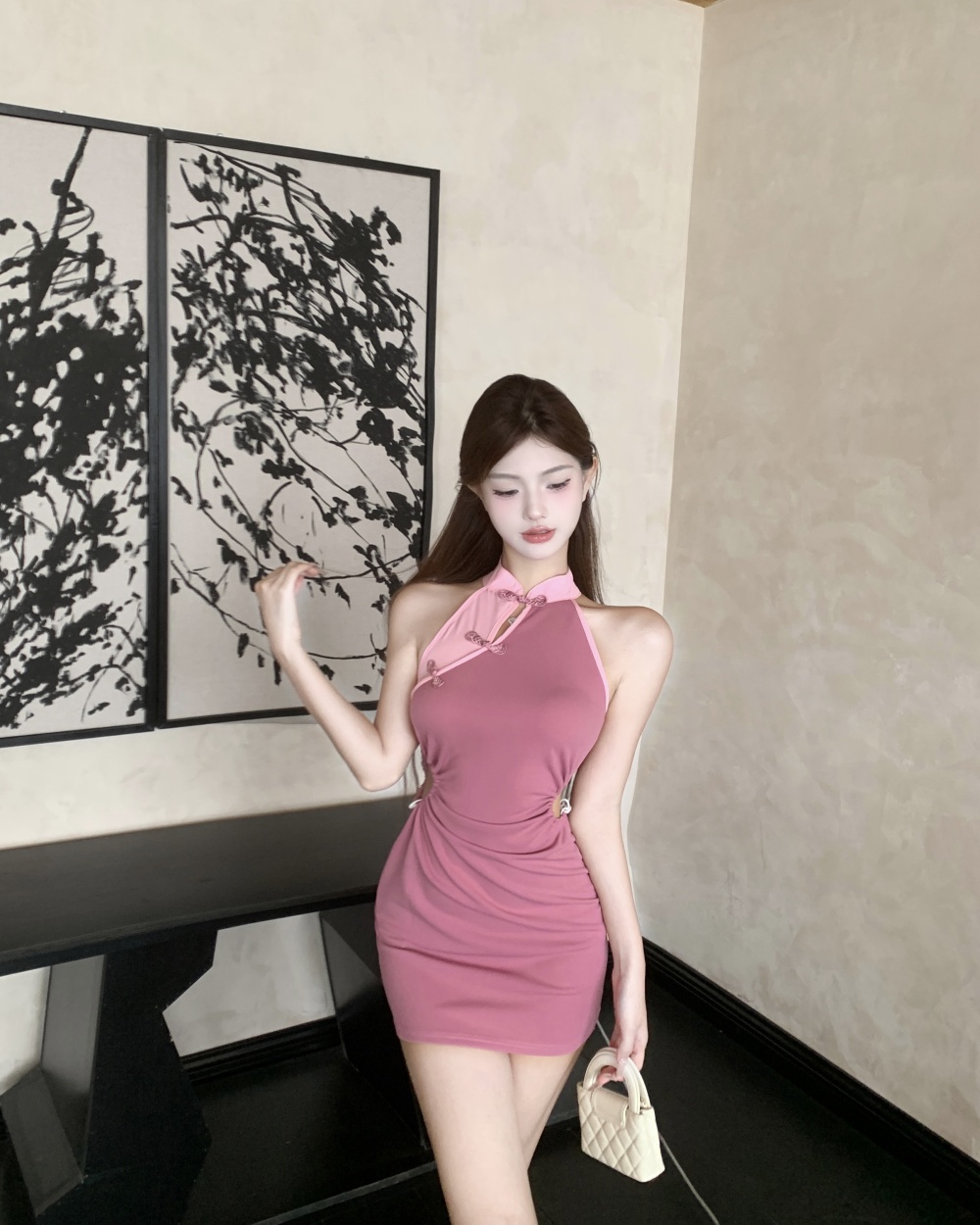 Pink slim dress sexy package hip cheongsam for women