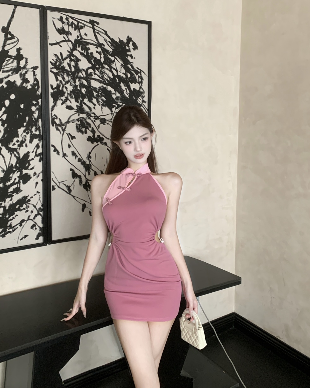 Pink slim dress sexy package hip cheongsam for women