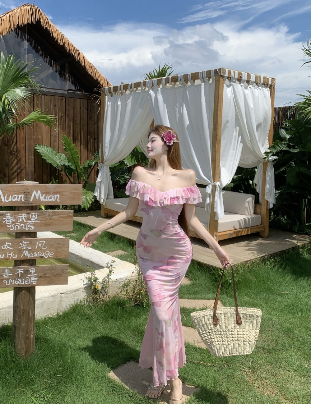 Seaside printing long dress package hip dress for women