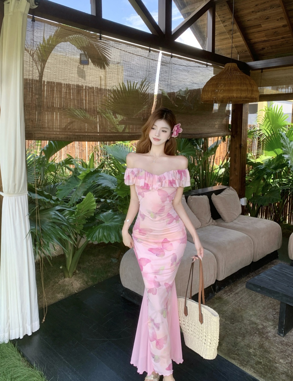 Seaside printing long dress package hip dress for women