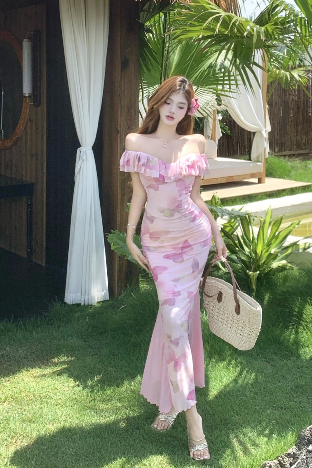 Seaside printing long dress package hip dress for women