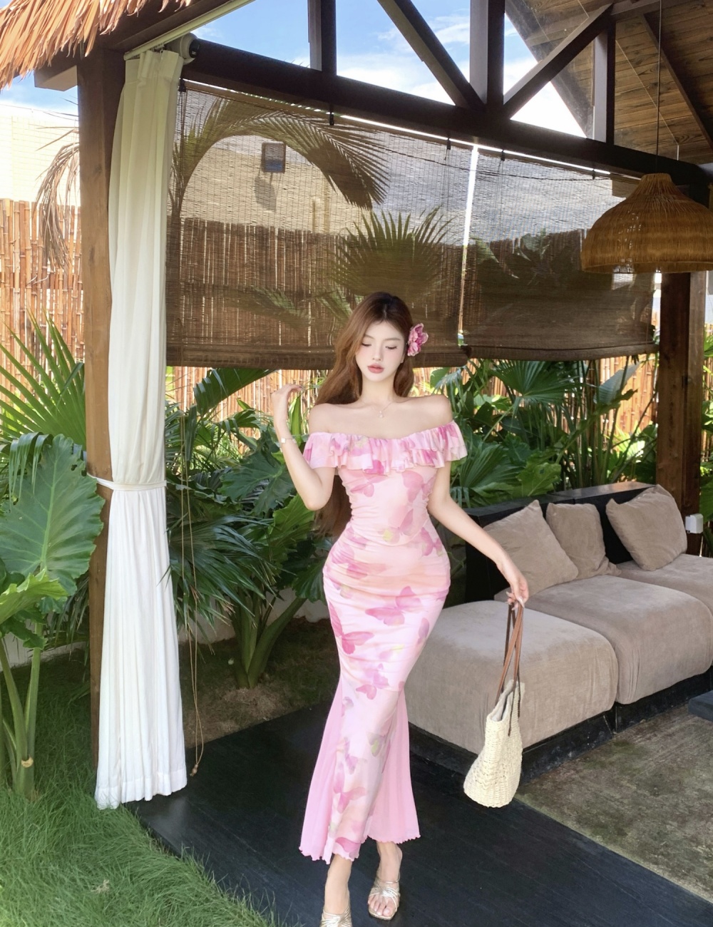 Seaside printing long dress package hip dress for women