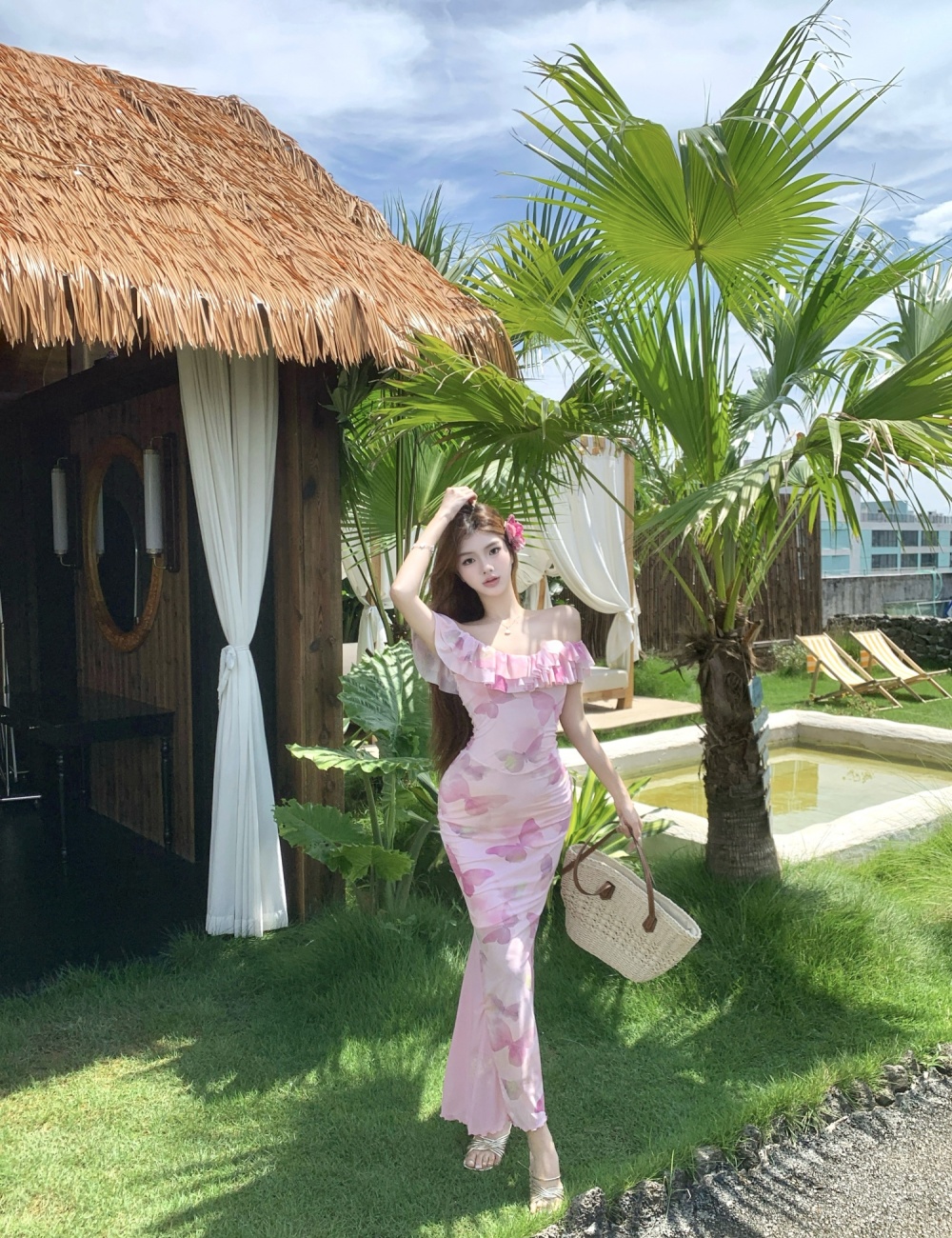 Seaside printing long dress package hip dress for women