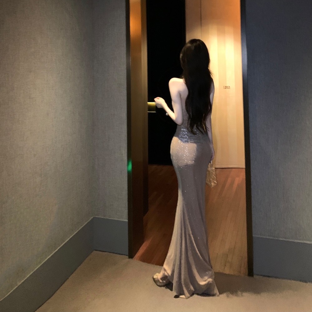 Elegant slim halter formal dress sexy glitter dress
