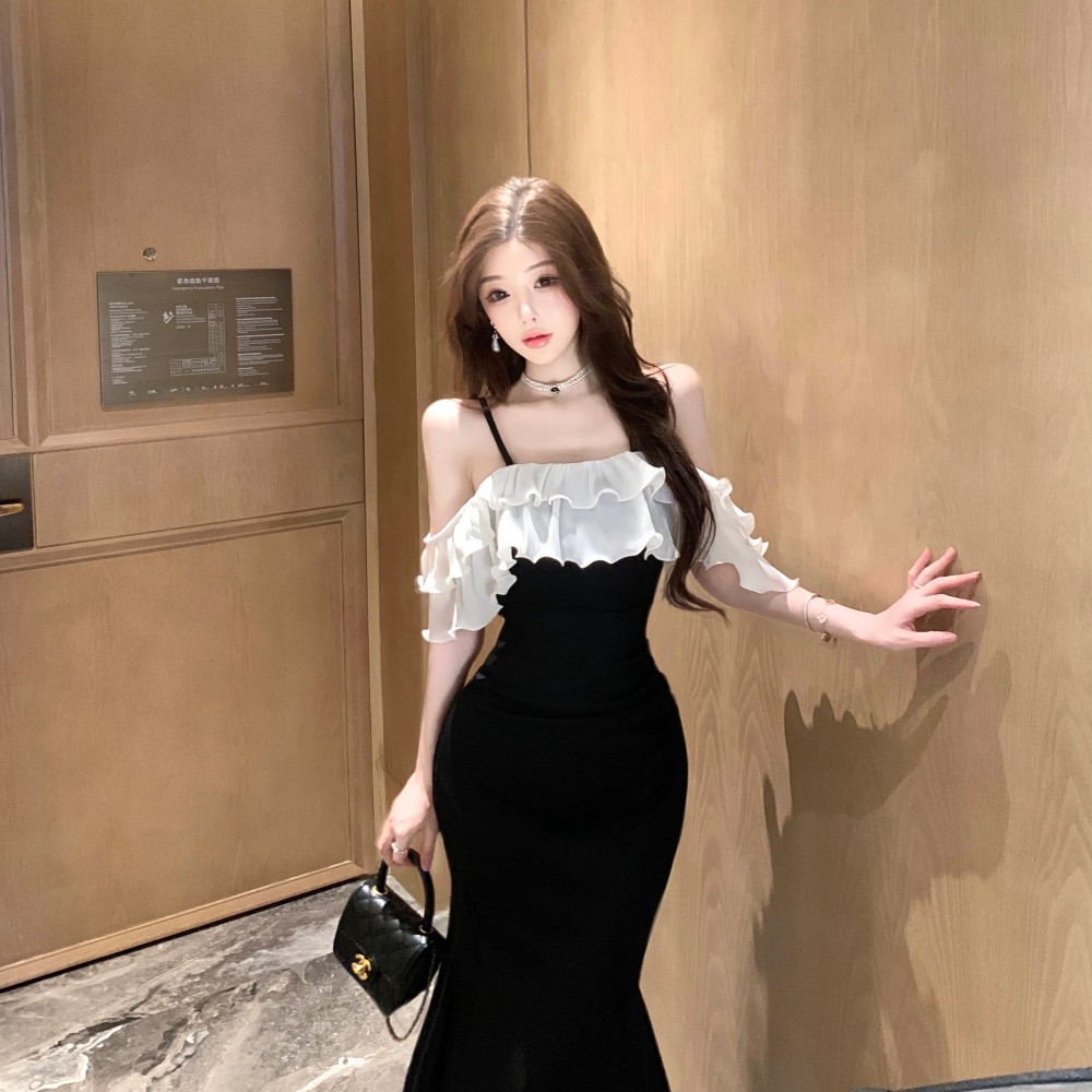 Slim enticement dress flat shoulder stereoscopic formal dress