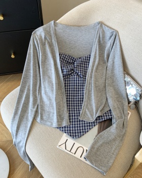 Long sleeve plaid tops sunscreen folds cardigan a set