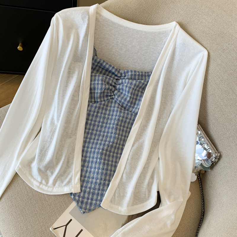 Long sleeve plaid tops sunscreen folds cardigan a set