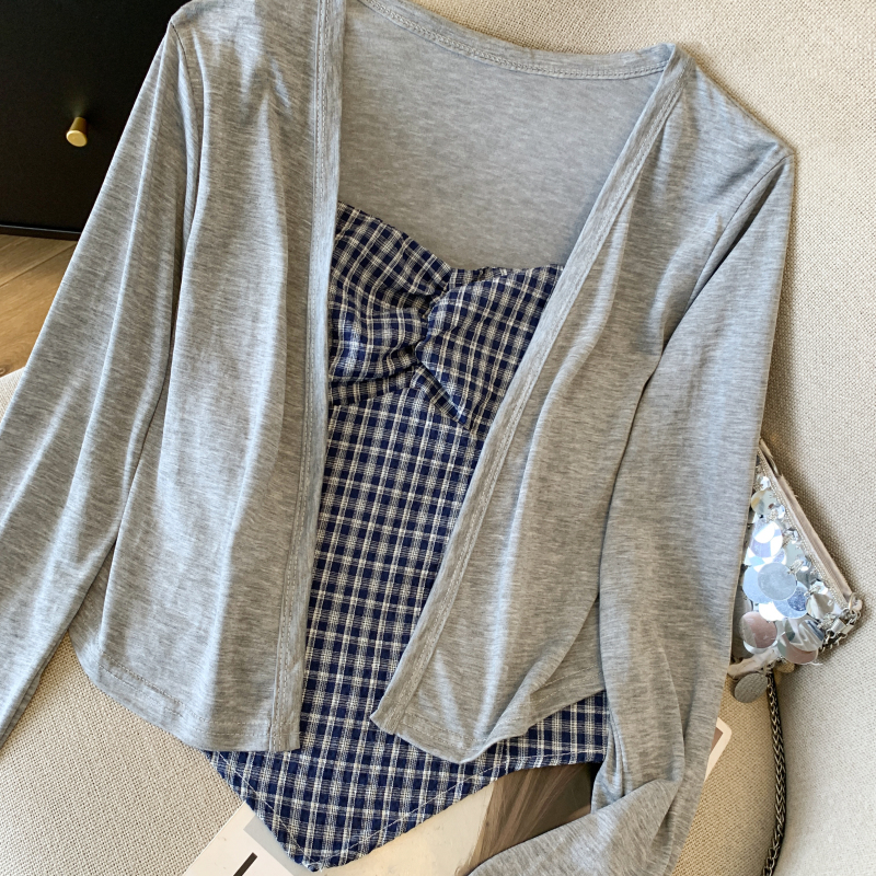 Long sleeve plaid tops sunscreen folds cardigan a set