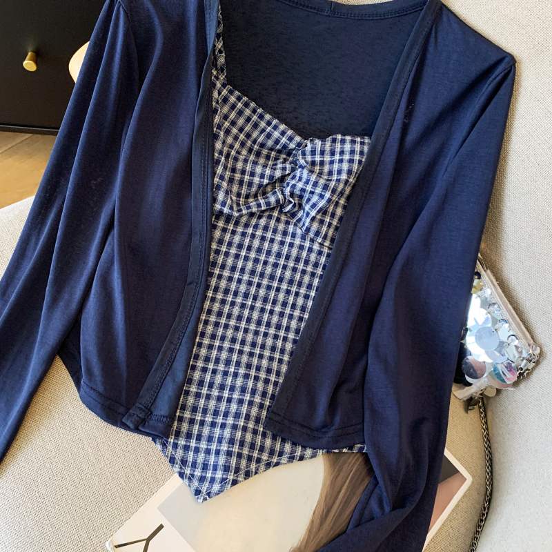 Long sleeve plaid tops sunscreen folds cardigan a set