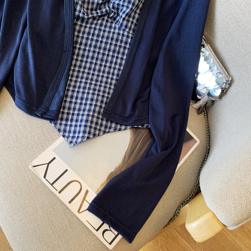 Long sleeve plaid tops sunscreen folds cardigan a set