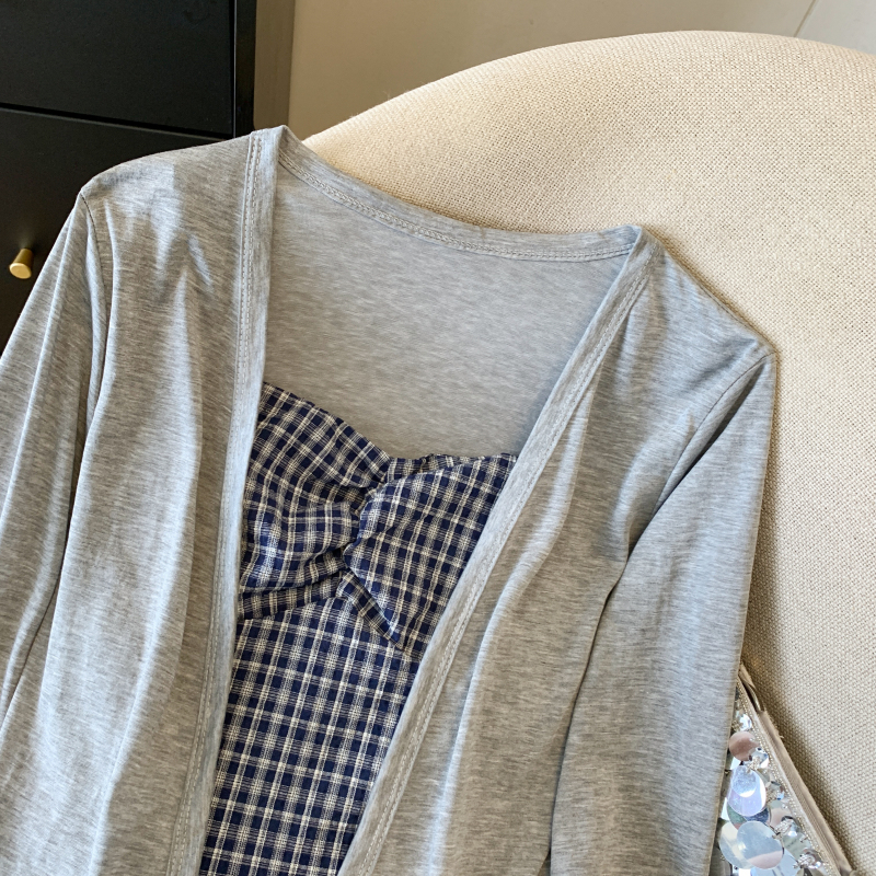 Long sleeve plaid tops sunscreen folds cardigan a set