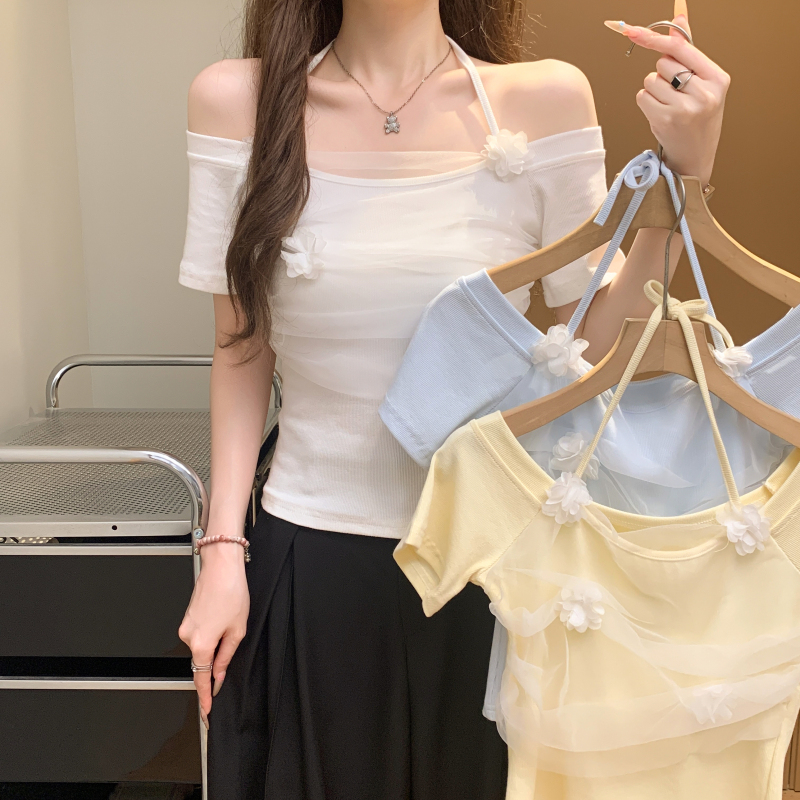 Summer gauze splice short sleeve niche flowers tops