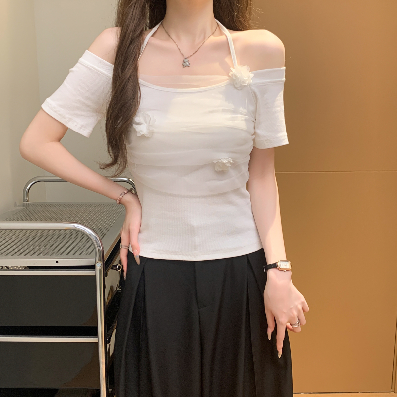 Summer gauze splice short sleeve niche flowers tops