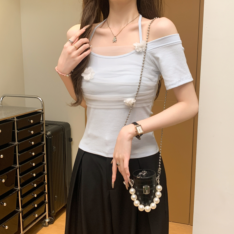 Summer gauze splice short sleeve niche flowers tops