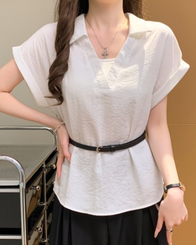 With belt lapel summer tops Pseudo-two short sleeve shirt
