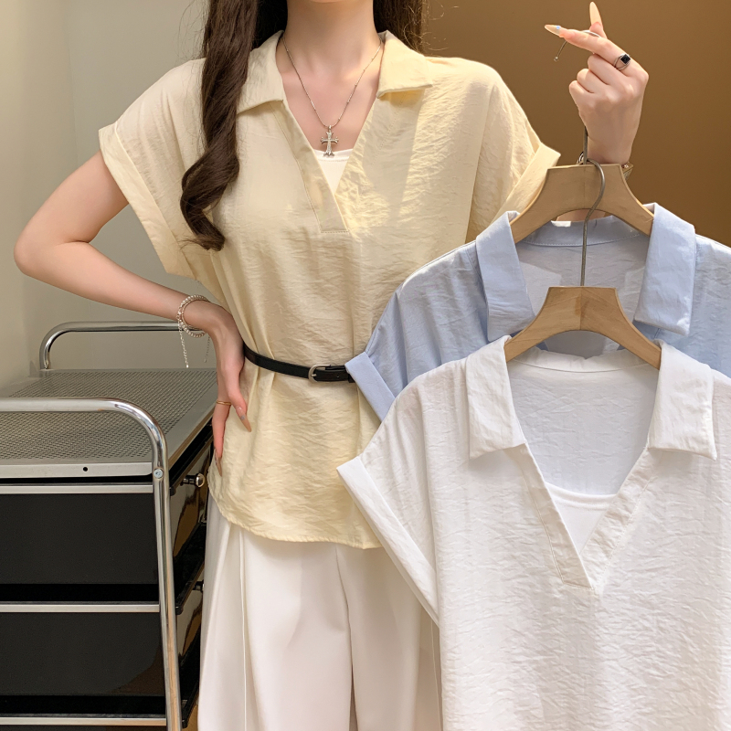 With belt lapel summer tops Pseudo-two short sleeve shirt