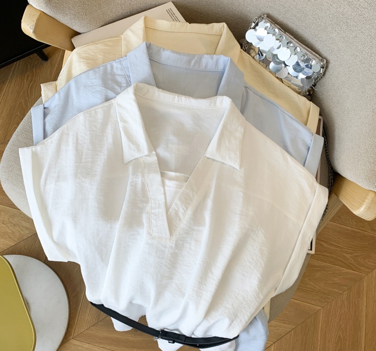 With belt lapel summer tops Pseudo-two short sleeve shirt
