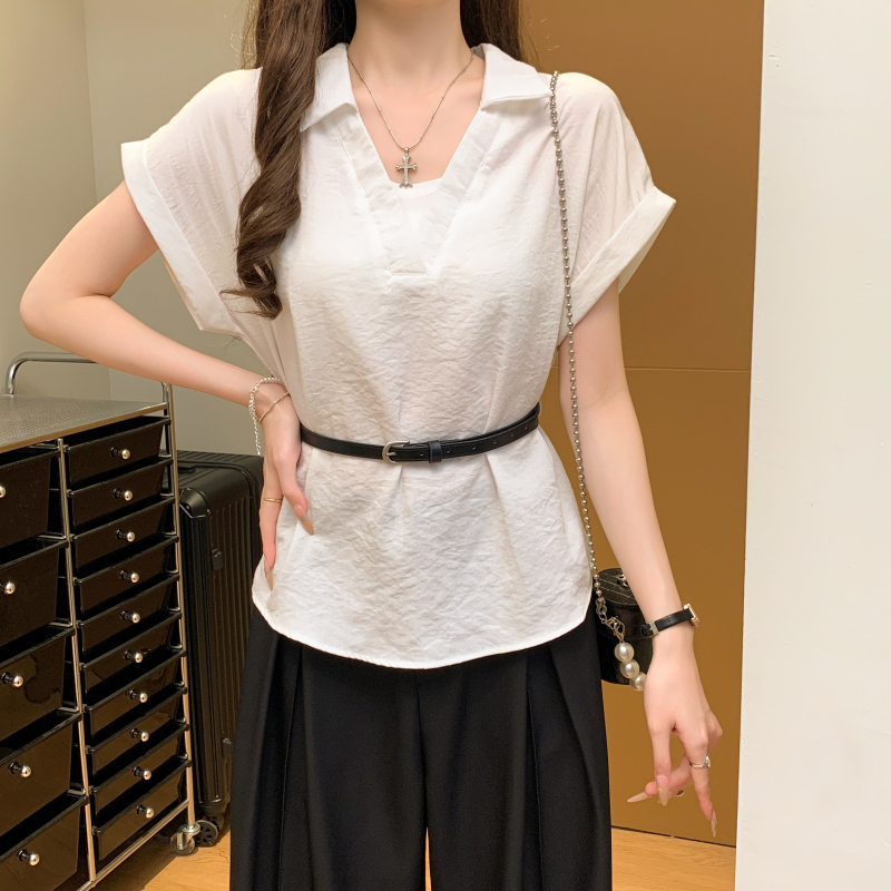 With belt lapel summer tops Pseudo-two short sleeve shirt