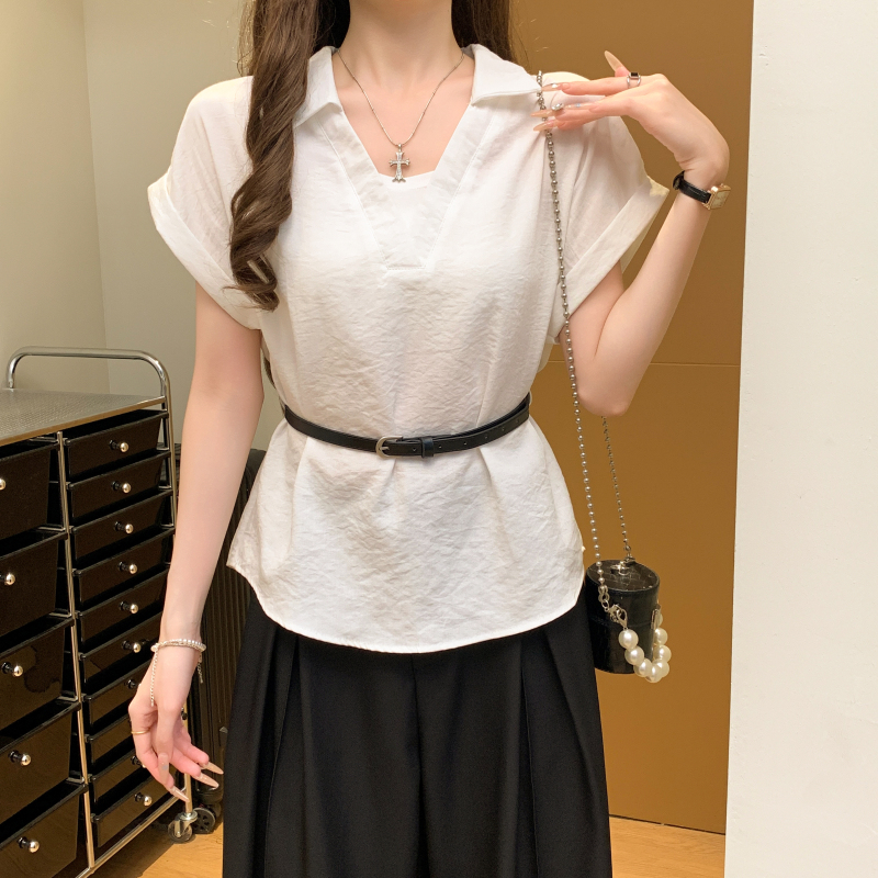 With belt lapel summer tops Pseudo-two short sleeve shirt