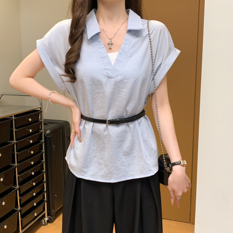 With belt lapel summer tops Pseudo-two short sleeve shirt