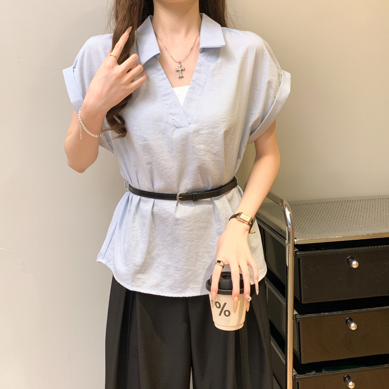 With belt lapel summer tops Pseudo-two short sleeve shirt