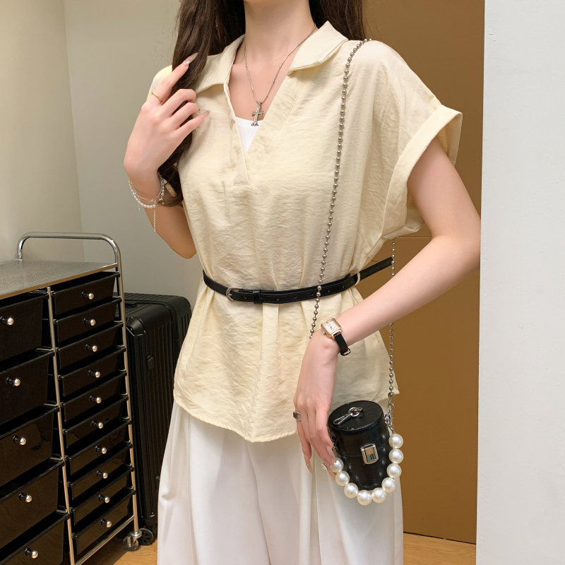 With belt lapel summer tops Pseudo-two short sleeve shirt