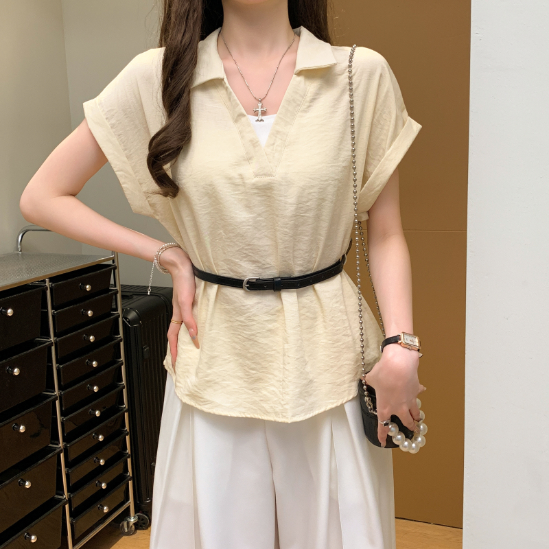 With belt lapel summer tops Pseudo-two short sleeve shirt