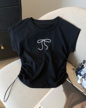 Embroidery summer drawstring tops all-match short T-shirt