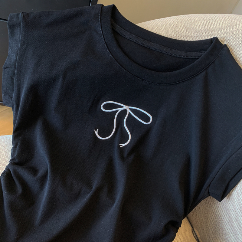 Embroidery summer drawstring tops all-match short T-shirt