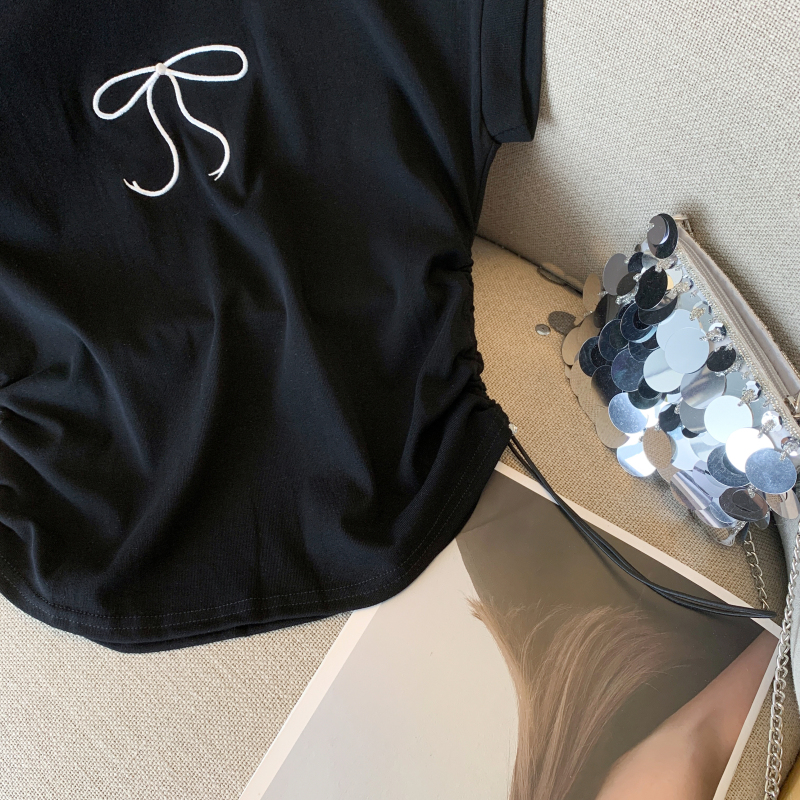 Embroidery summer drawstring tops all-match short T-shirt