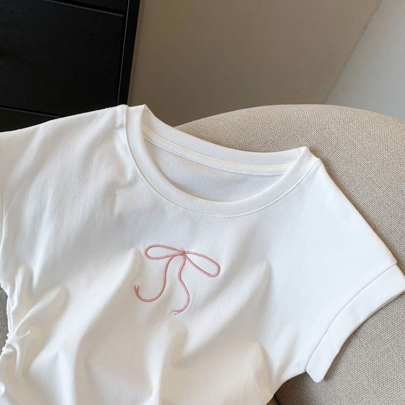Embroidery summer drawstring tops all-match short T-shirt