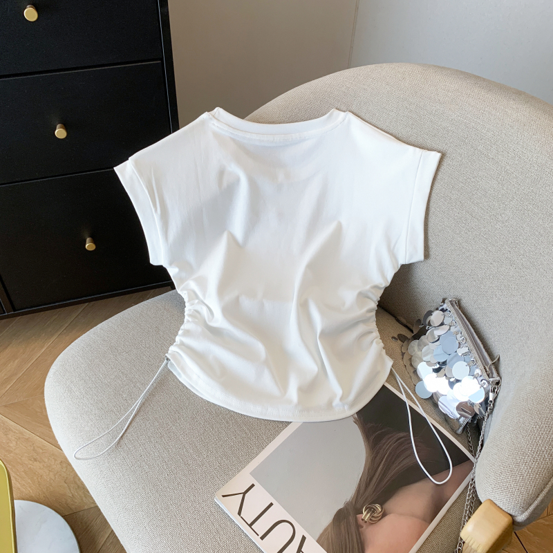 Embroidery summer drawstring tops all-match short T-shirt
