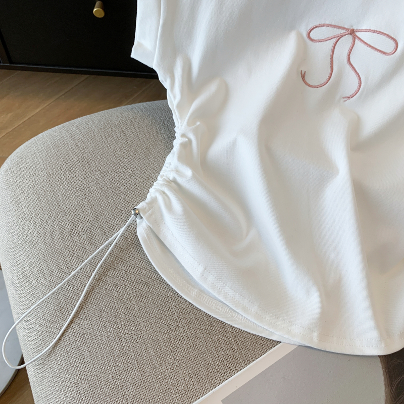 Embroidery summer drawstring tops all-match short T-shirt