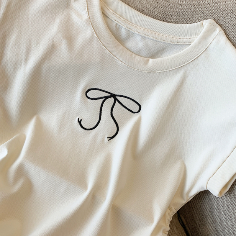 Embroidery summer drawstring tops all-match short T-shirt