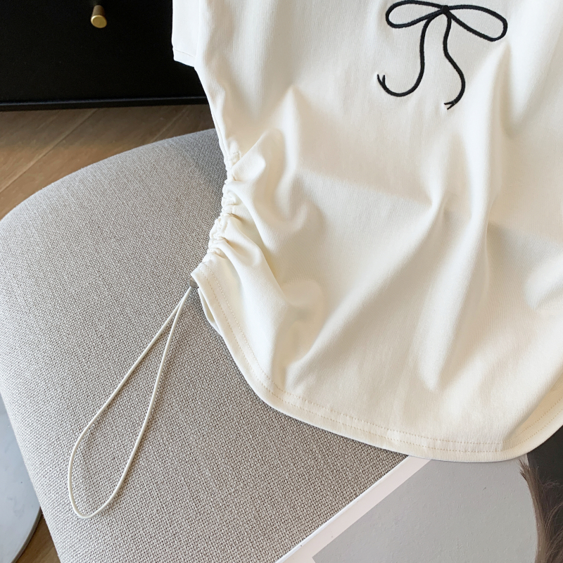 Embroidery summer drawstring tops all-match short T-shirt