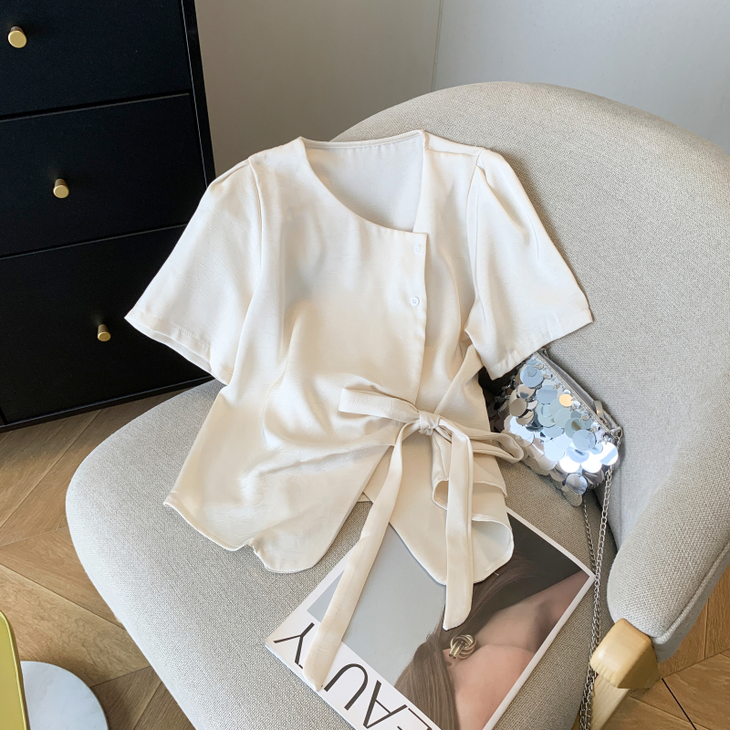 Puff sleeve tops oblique buckle shirt for women