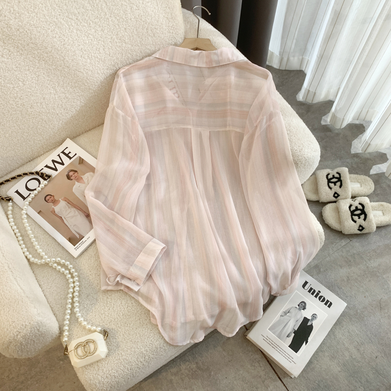 Long sleeve mixed colors thin aesthetic shirt for women