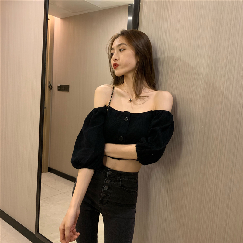 Fashion short strapless tops bottoming breasted T-shirt