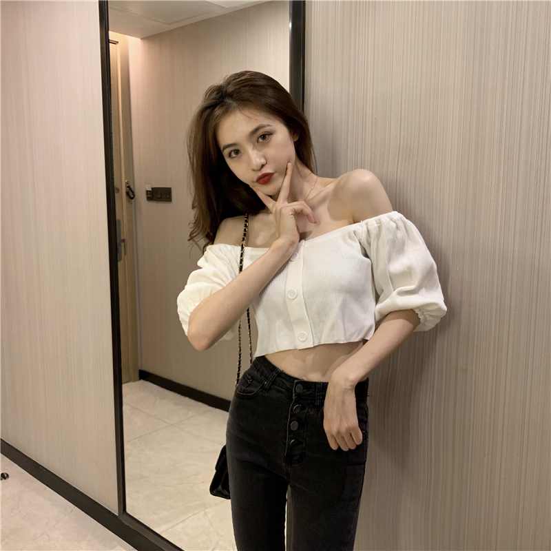Fashion short strapless tops bottoming breasted T-shirt