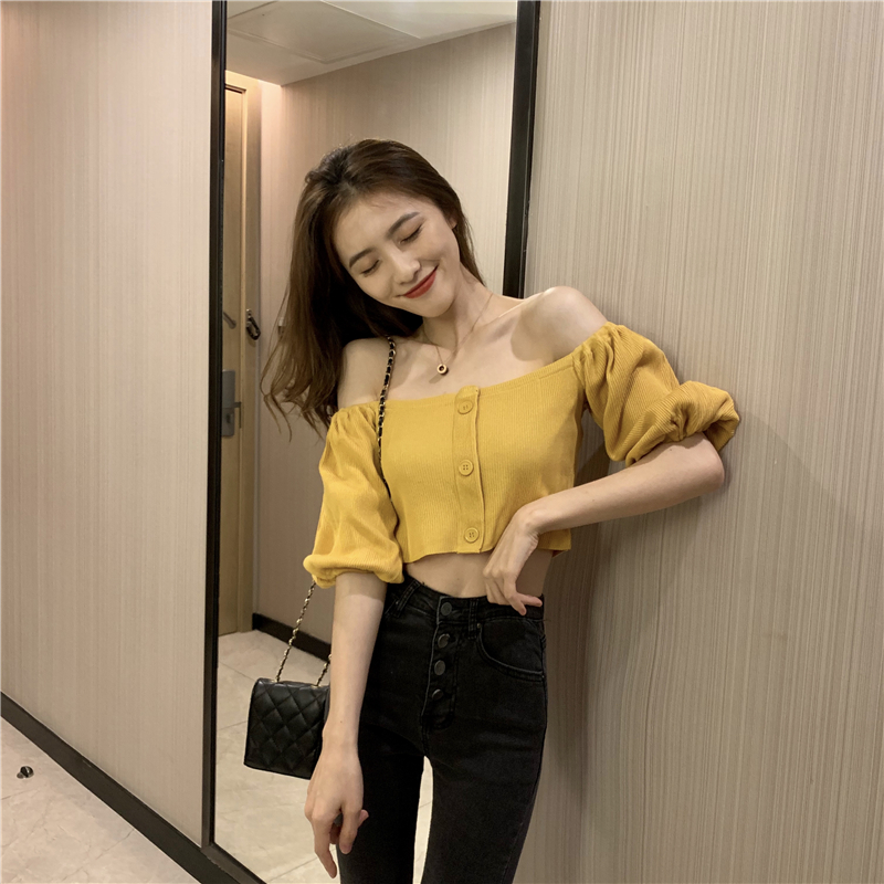 Fashion short strapless tops bottoming breasted T-shirt