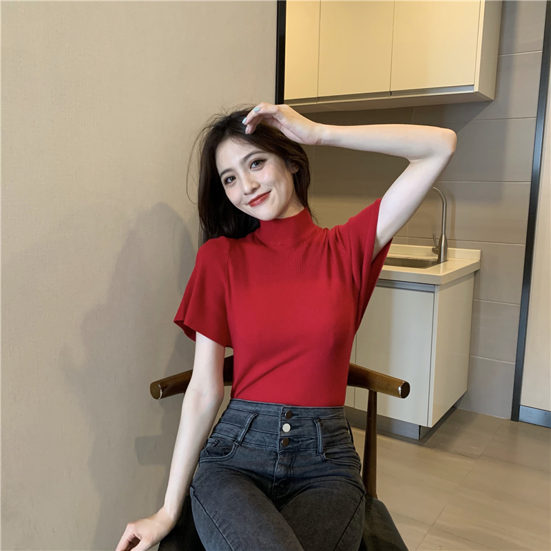 Half collar retro bottoming shirt boats sleeve slim tops