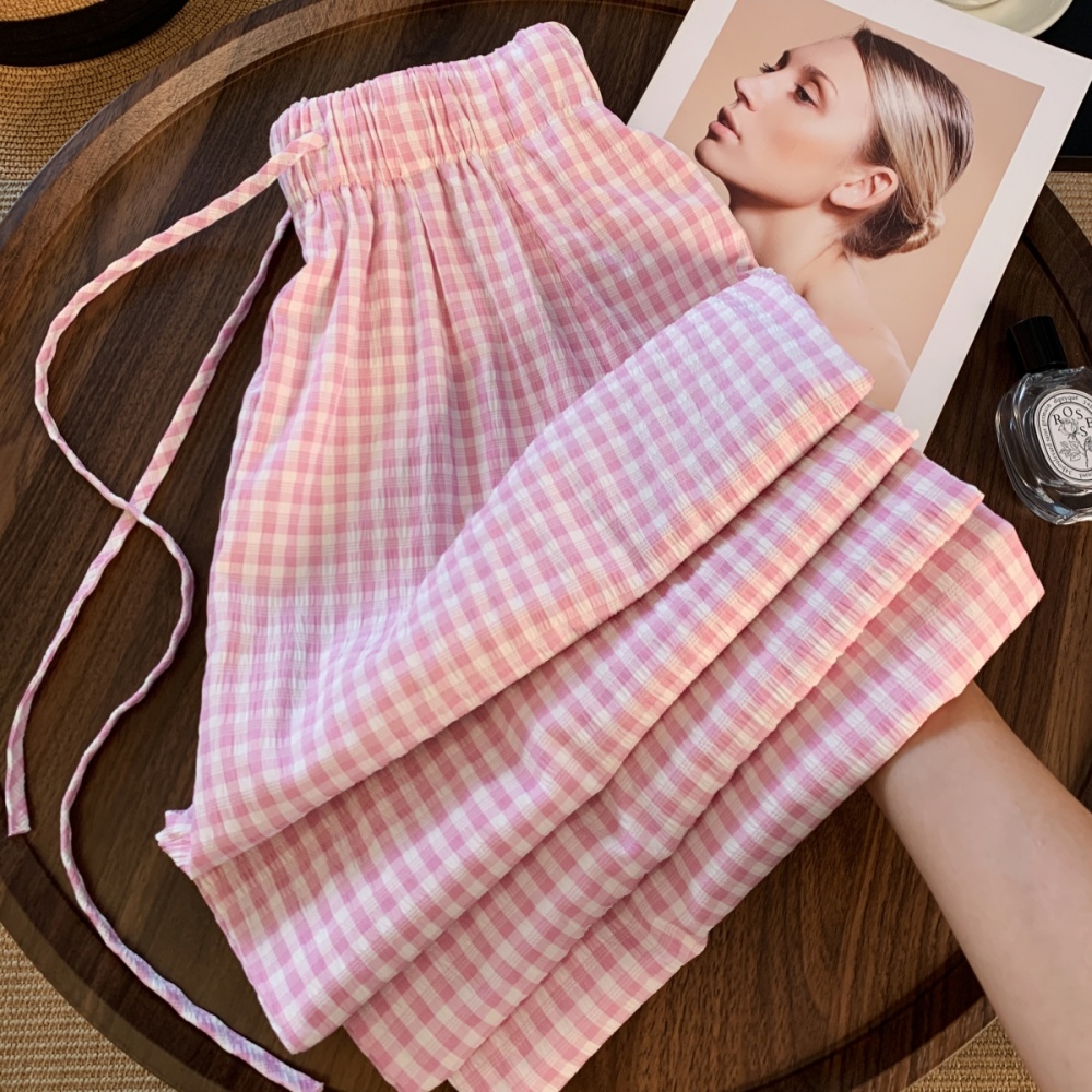 Summer pink long pants straight plaid pants for women