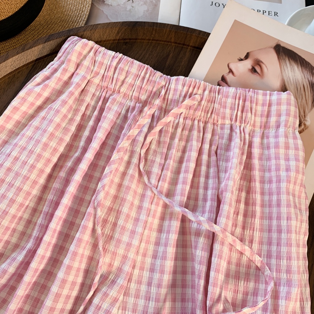 Summer pink long pants straight plaid pants for women